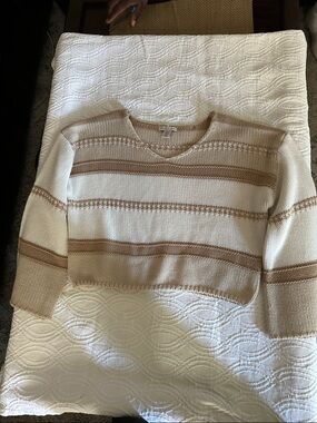 Sincerely Jules Cream and Tan Striped V-Neck Sweater